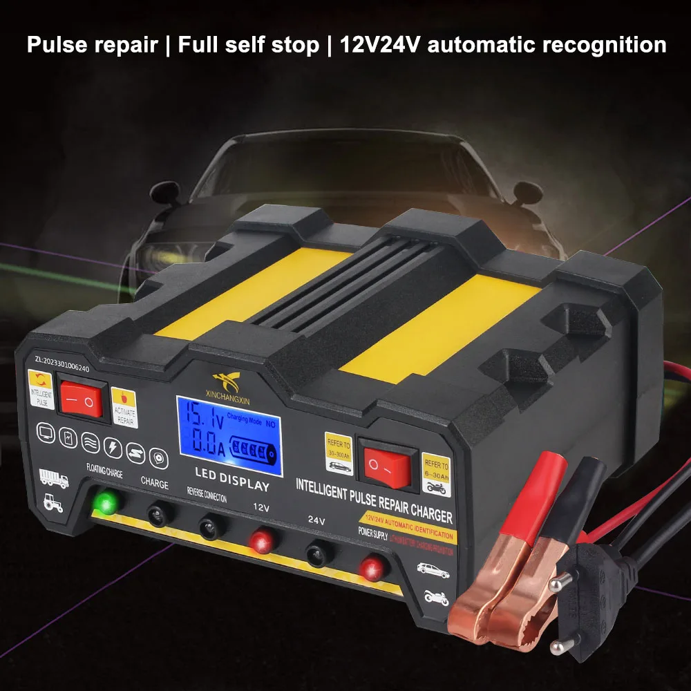 220W LCD Display Full Automatic Car Battery Charger Intelligent Pulse Repair Battery Charger For Wet Dry Lead Acid EU Plug 300AH