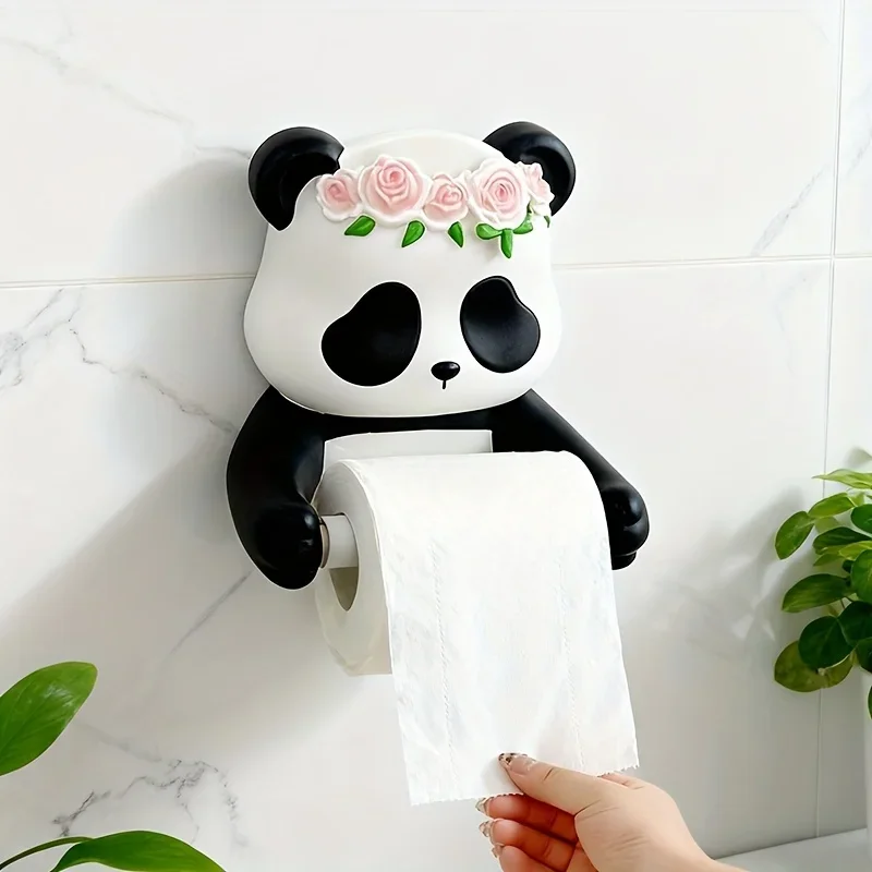 Resin Wall-Mounted Panda Toilet Paper Holder Cute Cartoon Style Bathroom Storage Accessory Waterproof Space-Saving Tissue Box