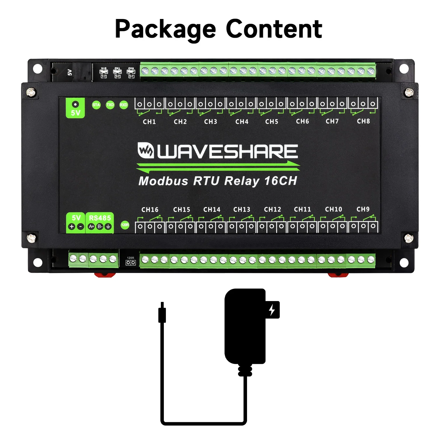 16-канальный релейный модуль Waveshare Modbus RTU, интерфейс RS485, с несколькими схемами защиты от изоляции, чехол для крепления на рейку