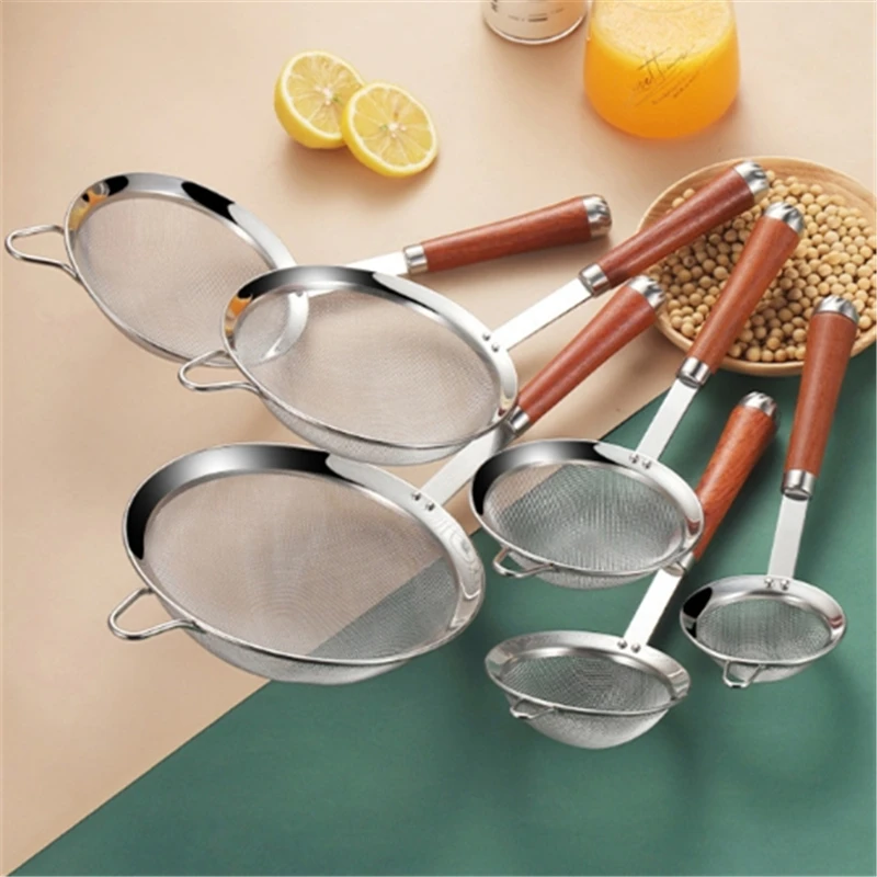 80 Mesh Stainless Steel Skimmer Strainer with Long Wooden Handle Kitchen Cooking Oil Filter Juice Sieve Frying Colander Scoop