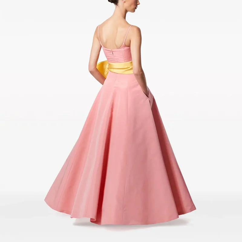 Vestido de noche de línea a con tirantes finos, traje de graduación con bolsillos laterales, banda amarilla, personalizable para ocasiones especiales, color rosa rubor, 2024