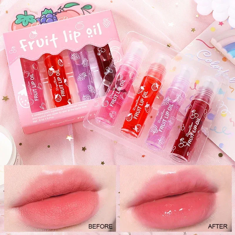 4Pcs Peach Strawberry Fruit Roll-on Lip Balm Set Makeup Moisturizing Clear Cherry Grape Transparent Lip Oil Hydrating Lip Gloss