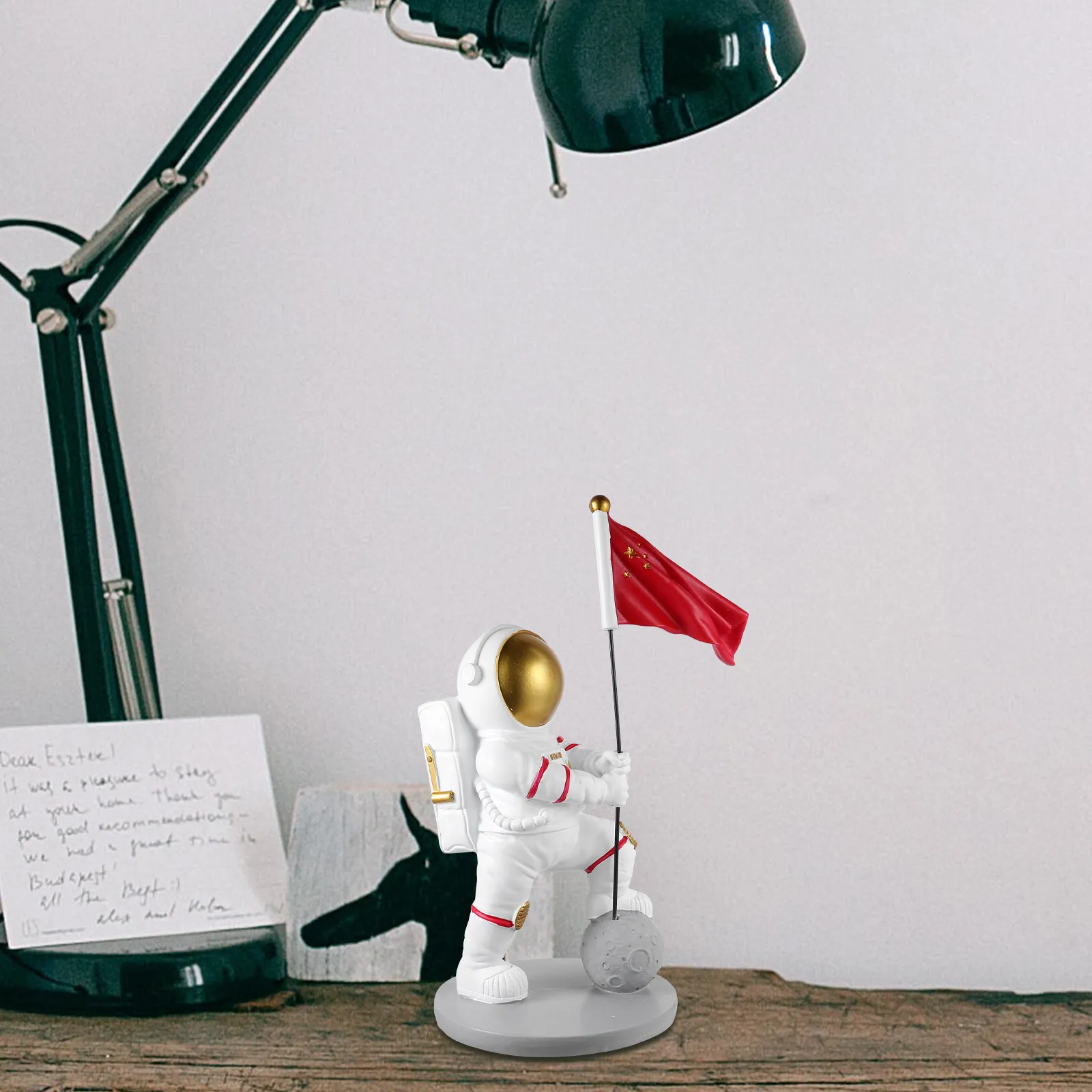 Adorable Realistic Resin Spaceman Statue Holding Flag Desktop Decor for Office Home Space Theme Gift Party Educational