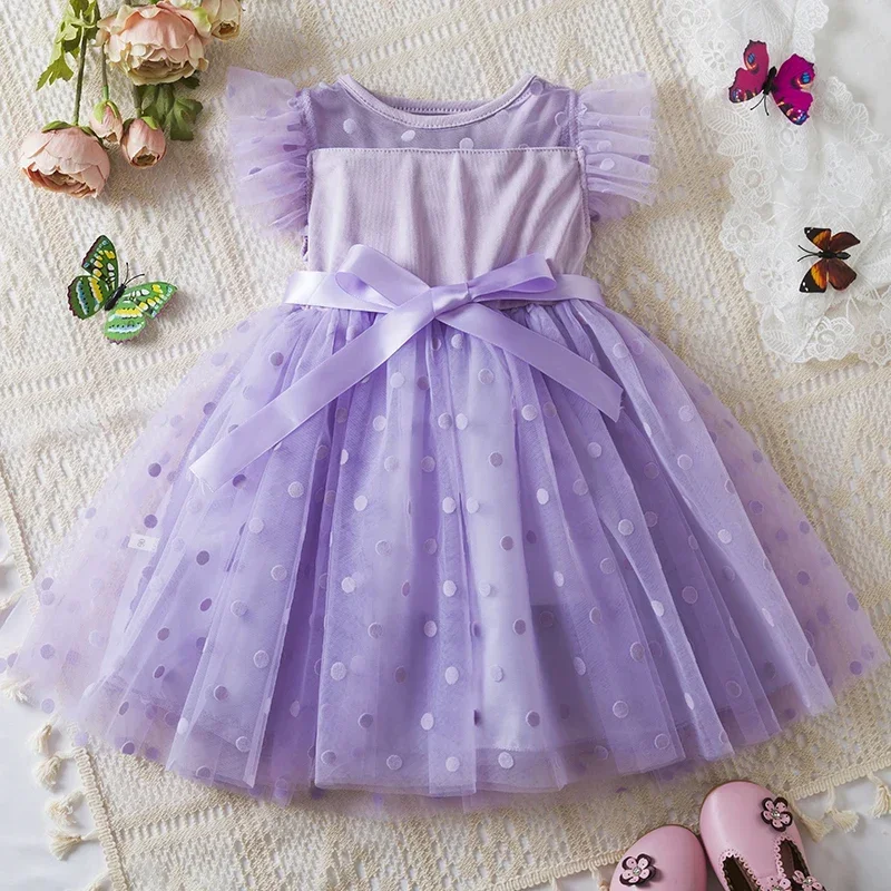 Neonate vestiti Casual per maniche volanti abiti in rete punteggiata a pois 2024 nuova estate 2-6Y bambini bambino Tulle Tutu vestito solido