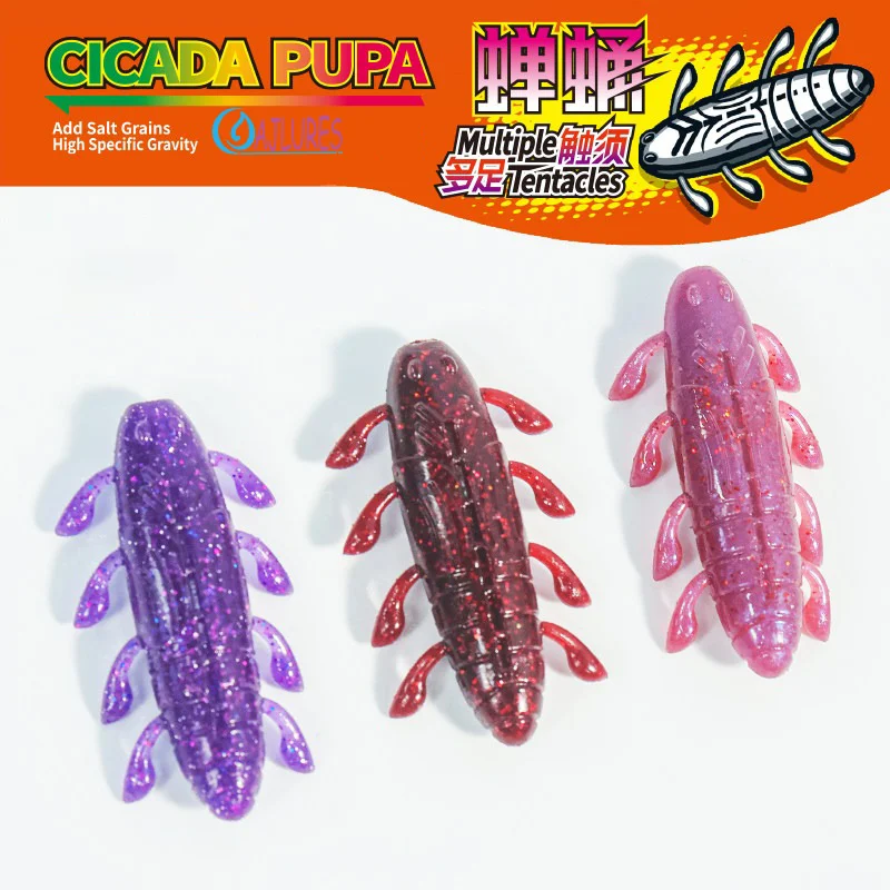 Zikadenpuppen-Köder 35mm 45mm 55mm Mehrbeiniger Tentakelwurm-Köder Salzinfusion Sinkender PVC-Weichköder für Barsch, Schlangenkopf, Welsangeln