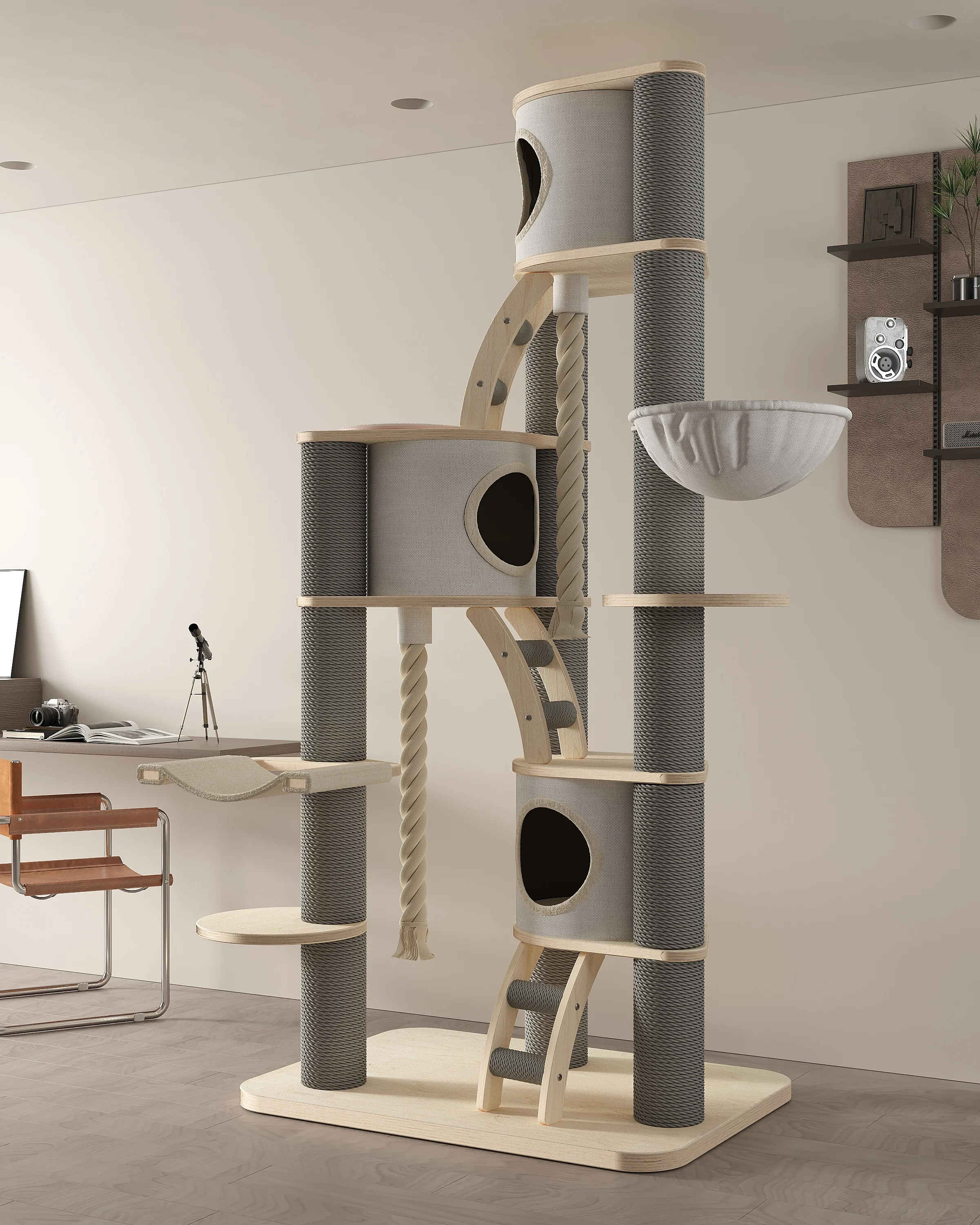 

Kraft Paper Rope Sisal Column Birch Wood Multi Platform With Plush Condo Pet Climb Furniture Cat Tree Tower