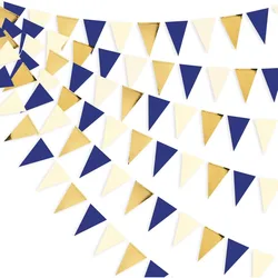 Blue Gold Triangle Flag Pennant Banner Bunting for Graduation Birthday Wedding Nautical Ahoy Achor Theme Party Supplies
