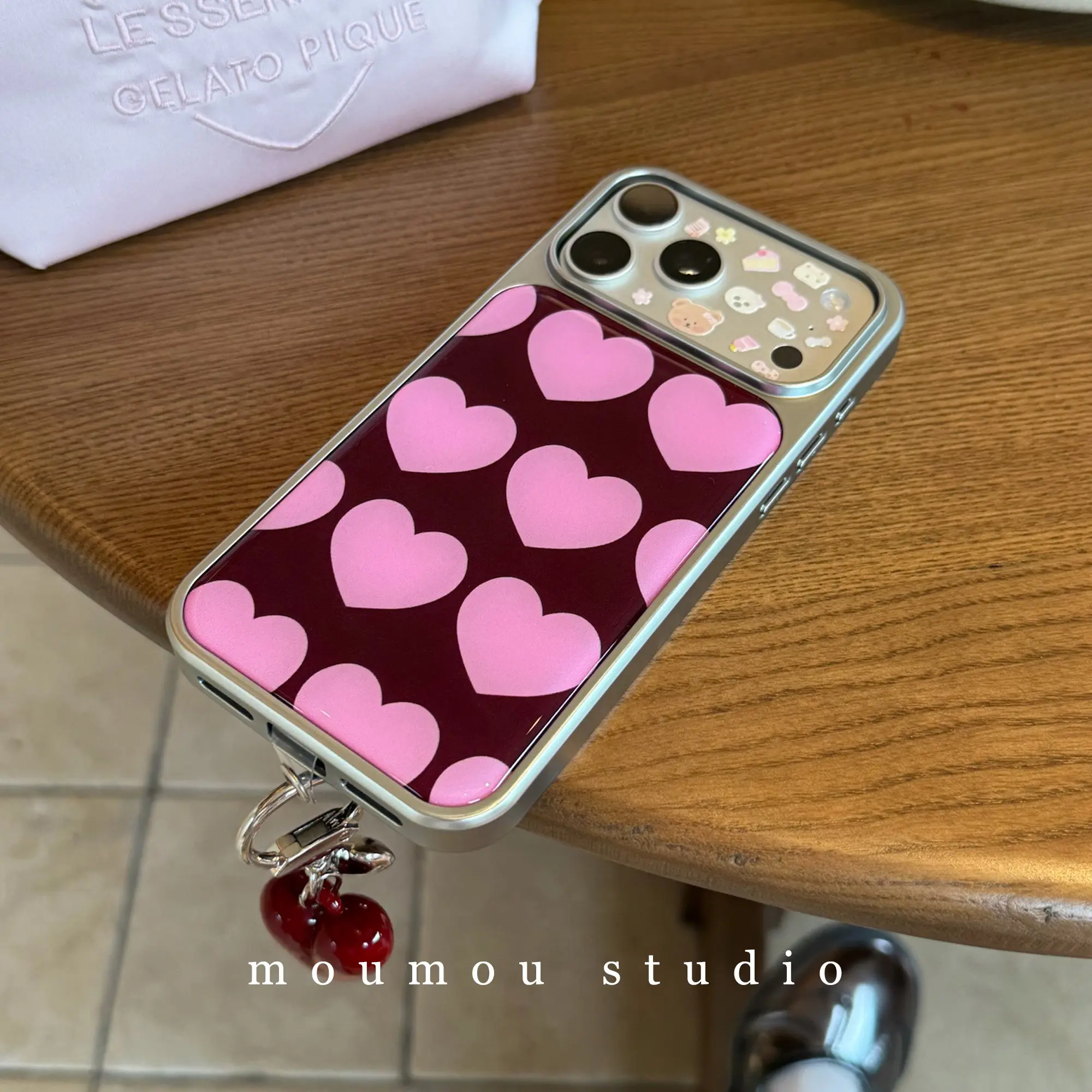 Korean Ins Pink Love Heart Design Electroplated Drip Glue Phone Case For iPhone Ultra 18 Pro Max 17 16 15 14 13 12 11 Back Cover view 5