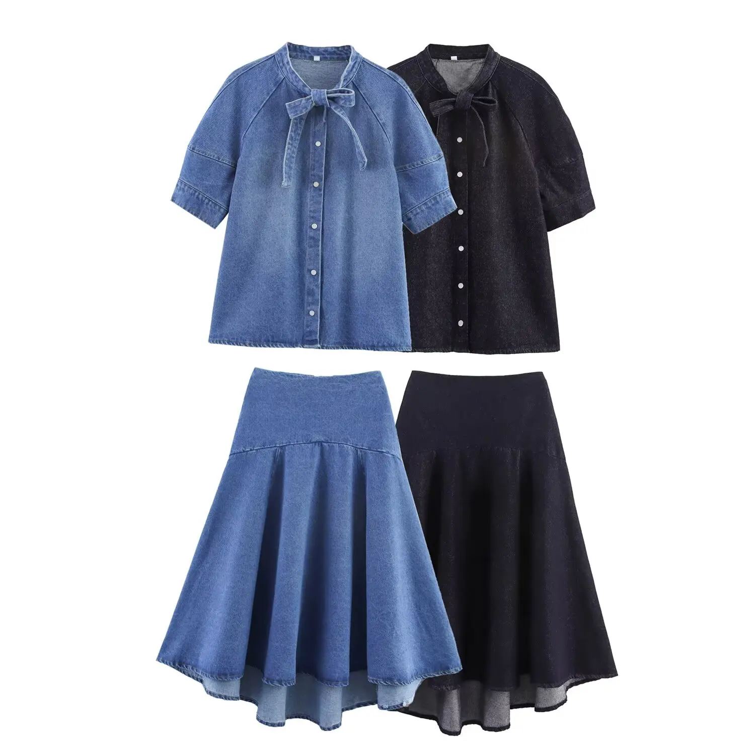 

2025 New Women's Casual Denim Set Single-Breasted Bow-Tie Decorated Shirt + Elastic Waistband Zipper-Front Pleated Midi Skirt