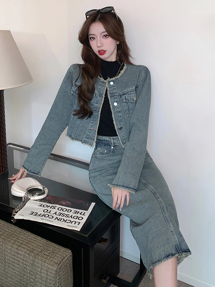 Fashion Elegant Denim 2 Pieces Outfits Women Casual Long Sleeve Tops Coat Jacket Tops Midi Skirt Sets Mujer High Street Clothes