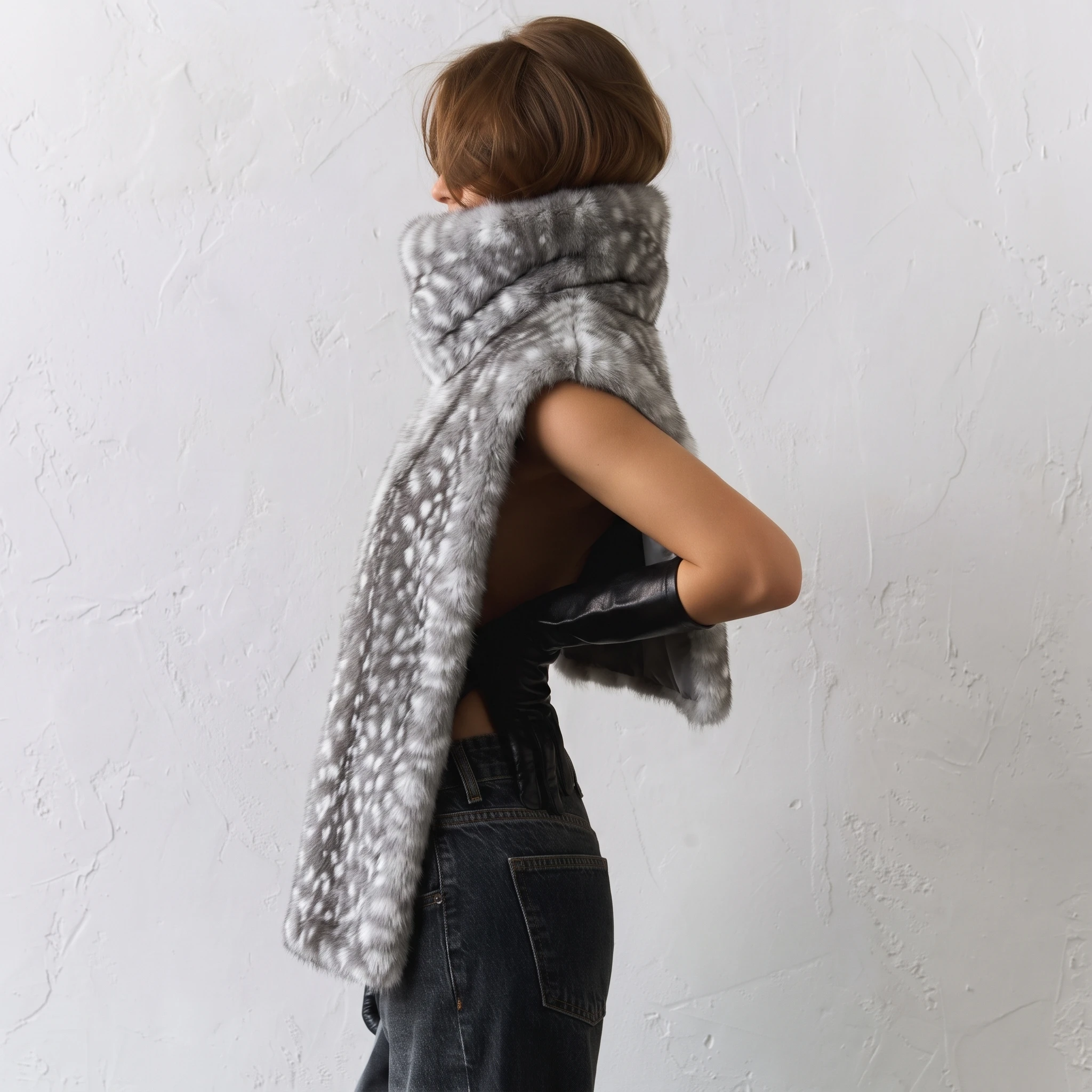 Women's Sleeveless Faux Fur Gilet with Turtleneck and Spotted Print