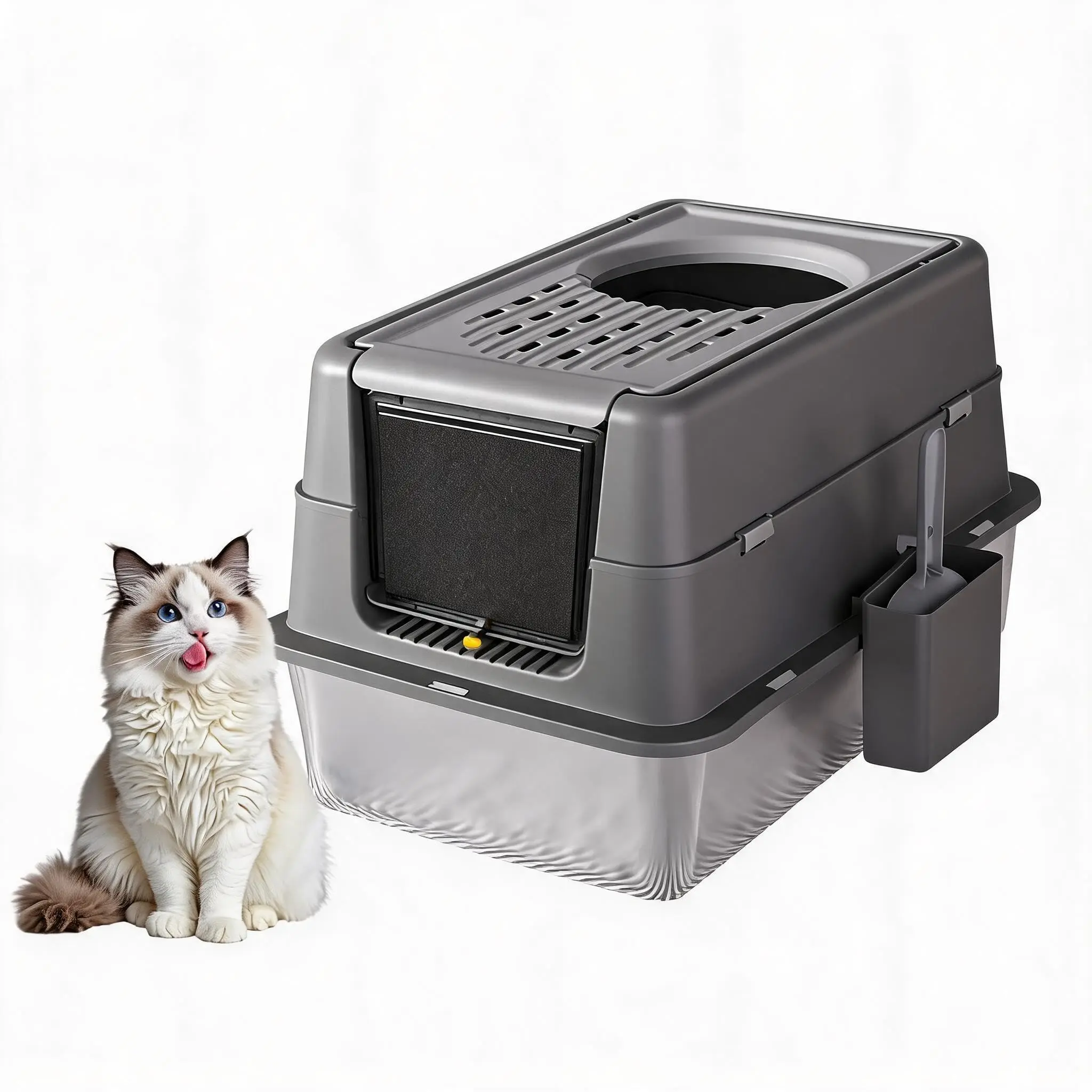 Lettiera per Gatti in Acciaio Inox 60x40x43.5cm, Grande Capacità, Chiusa, con Bordi Alti, Antiperdita e Resistente agli Odori, Durevole e Facile da Pulire, Vassoio Lavabile per Gatti, Grigio