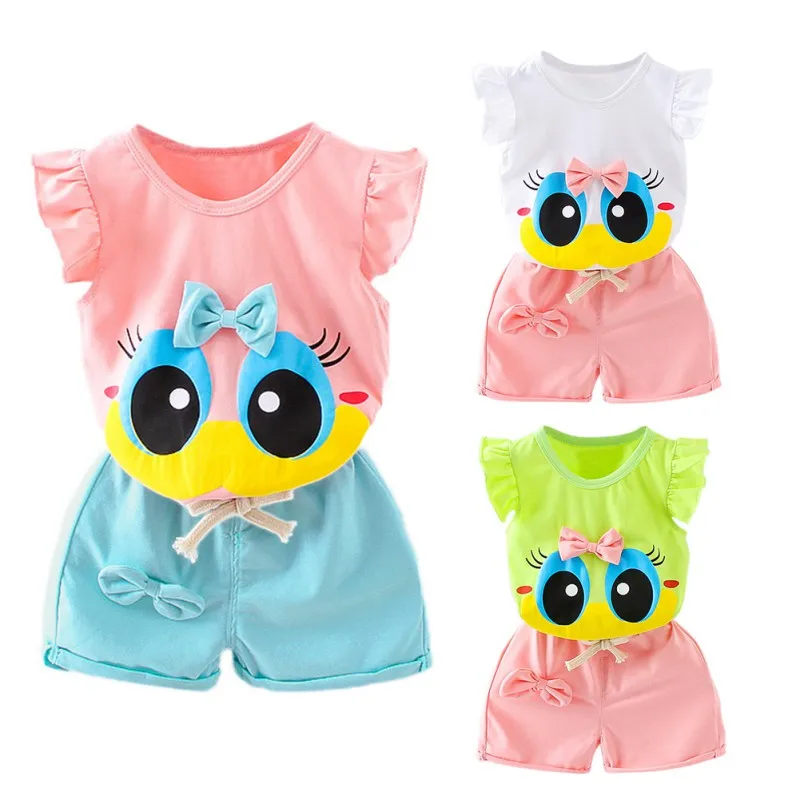 Summer Toddler Kids Girl Fashion Cute Cartoon Big Eyes Pattern T-shirts + Shorts 2Pcs Set