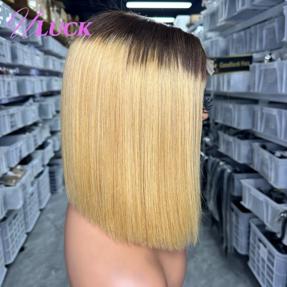 วิกผมบ๊อบสั้นตรงสีน้ำผึ้งออมเบรแบบดับเบิ้ลดรอน ความหนาแน่น 300% วิกผมแท้ 2x6 ลูกไม้ด้านหน้า สำหรับผู้หญิง