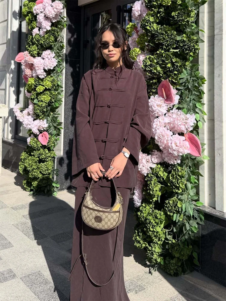 Conjunto de Falda Maxi y Blusa de Lino Sólido de Manga Larga para Mujer, Elegante Traje de Vestir Holgado con Botones Tipo Rana, Atuendos Casuales para Dama 2026