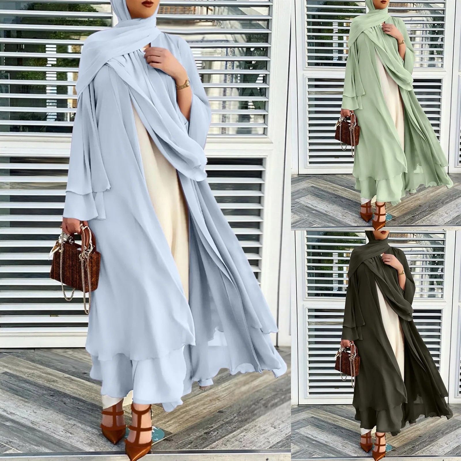 Muslim Sets Dubai Chiffon Kaftan Open Abaya Long Dress Ramadan Robe Femme Musulmane Evening Dresses Luxury Hijab Dress Women