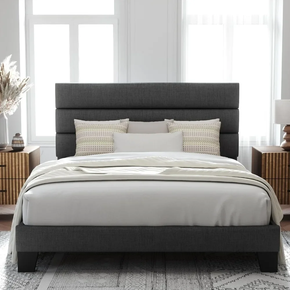 Platform Bed Frame with Fabric Upholstered Headboard and Wooden Slats Support，Nordic style