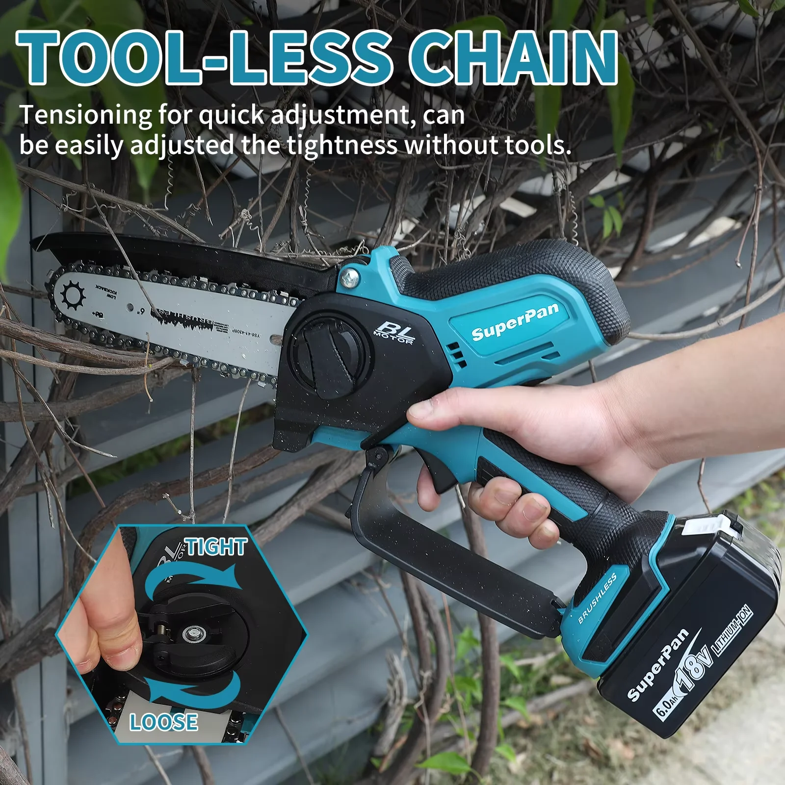 

Superpan 6-Inch Cordless Mini Chainsaw-Portable Handheld Tool for Backyard Gardening & Wood Cutting for Makita 18V battery specs