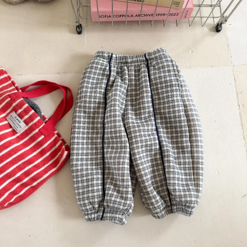 2026 New Winter Girls Fleece Lining Sweat Pants Plaid Boys Thicken Warm Sports Pants Korean Style Loose Children Casual Trousers