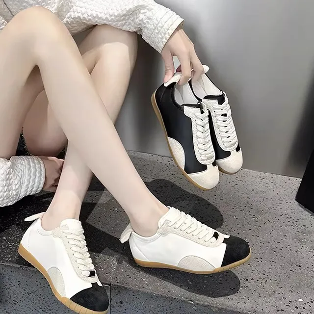 

True Leather Trendy Women's Sport Shoes Laces Flat Casual Shoes Versatile Plain Color Low Top Breathable Rubber Outsole