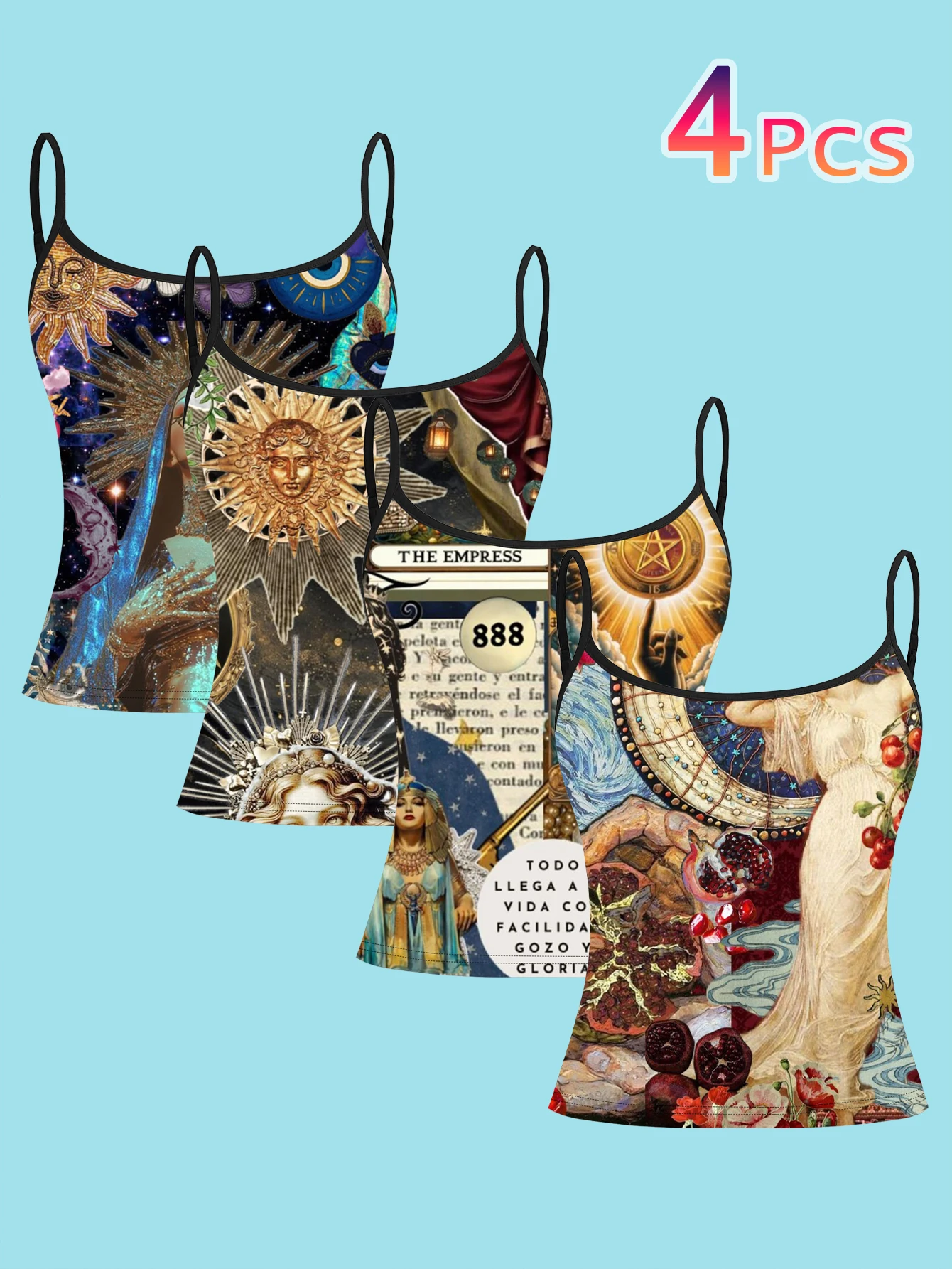4-Piece Set of Mysterious Cosmic Tarot Collage Print Camisole for Women, Featuring the Sun Goddess, the All-Seeing Eye, and Starry Sky Oil Painting Design, Slim-Fit Spaghetti Strap Top