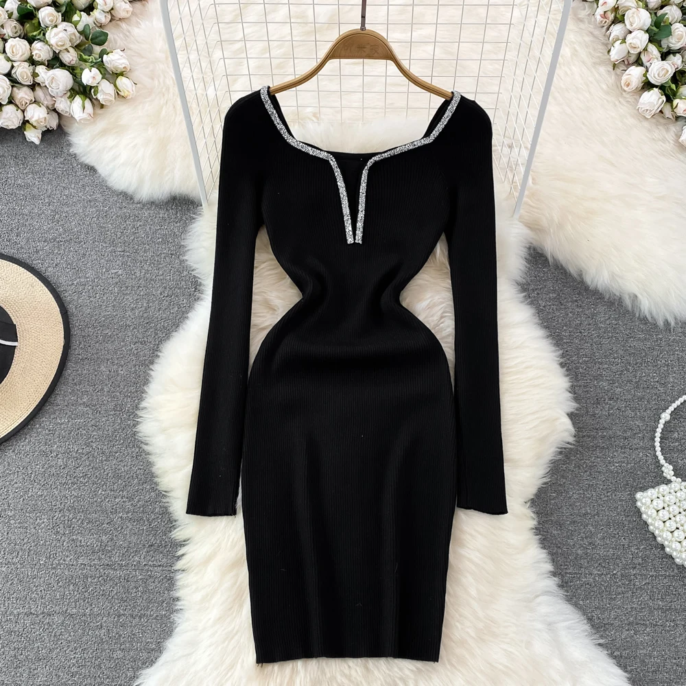 Elegante vestido ajustado elástico de manga larga con cuello en V y purpurina, vestido de tubo de punto a la moda Sexy, bata de fiesta de otoño e invierno