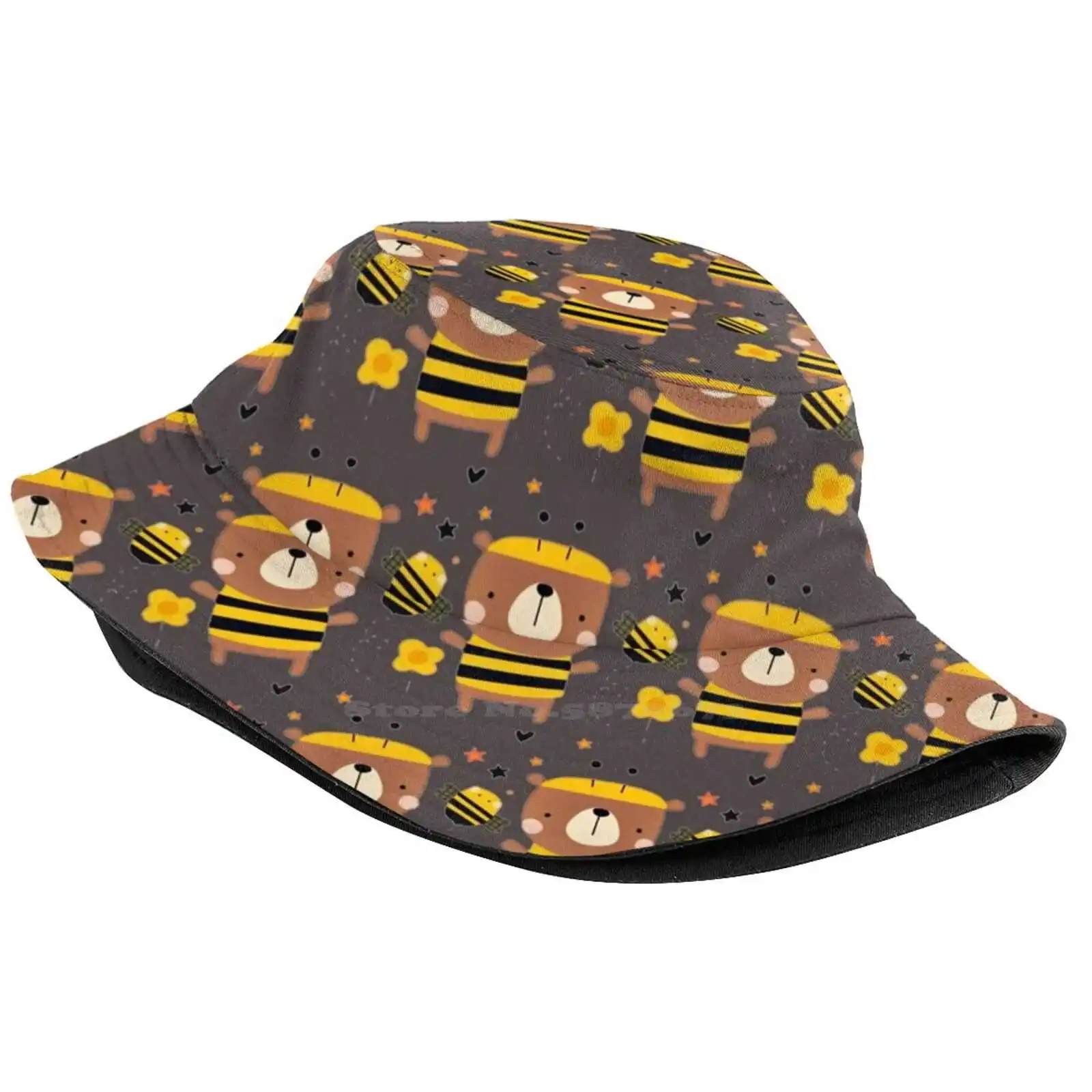 Bear And Bees Pattern Unisex Fisherman Hats Bucket Hats Beautiful Bees Bee Lover Animals Flying Insect Honey Lover Beautiful