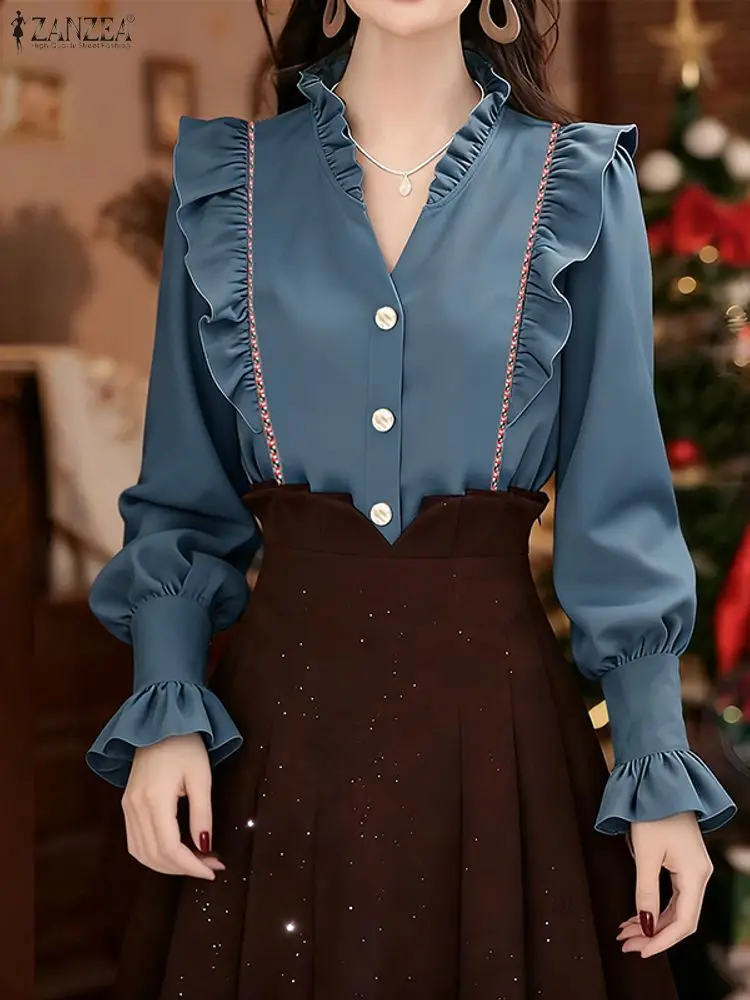 ZANZEA-camisas elegantes de oficina para mujer, blusa informal de manga larga con cuello en V, Tops tipo túnica a la moda, Blusas femeninas de trabajo 2025