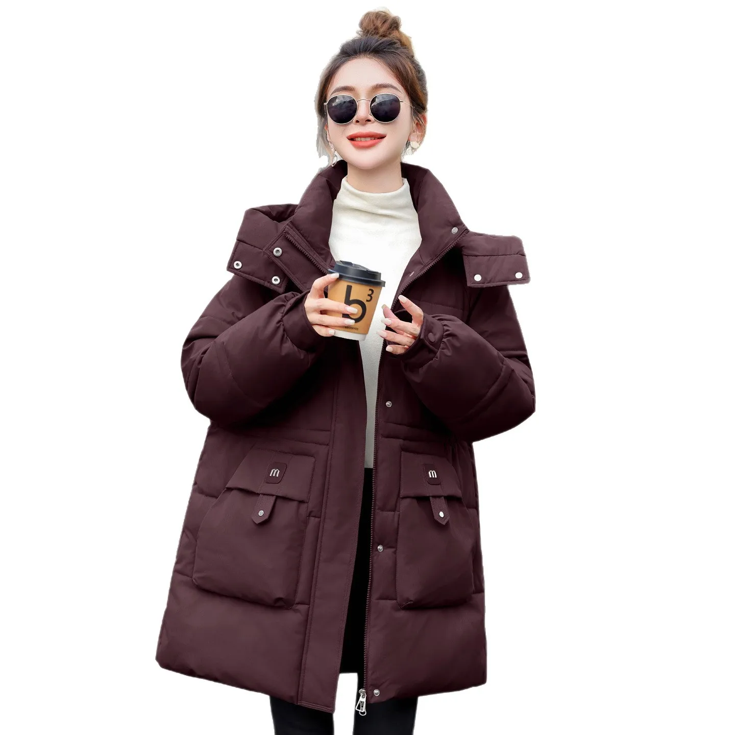 Women Mid Lenth Parkas Coats Hooded Oversize Jacket Solid Zipper Drawstring Waist Loose Office Lady Casual Autumn Winter 2025