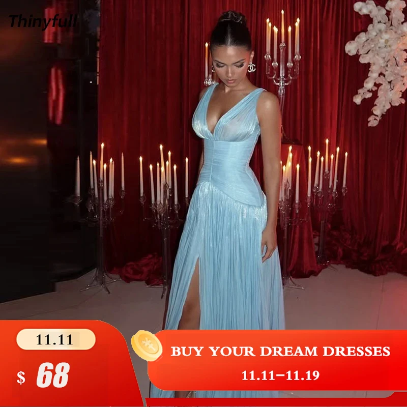 Thinyfull A-line Shiny Satin Arab Prom Dresses V-neck Sleeveless Evening Party Gown Dubai Long Dress robes de soirée Customized