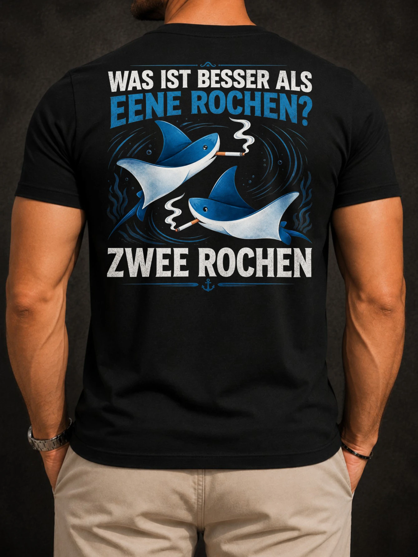 Smoking Rays Blue Back Joke Tee, deux rayons bleus fumigènes et un punchline de bande dessinée GermanZwee Roche, t-shirt unisexe