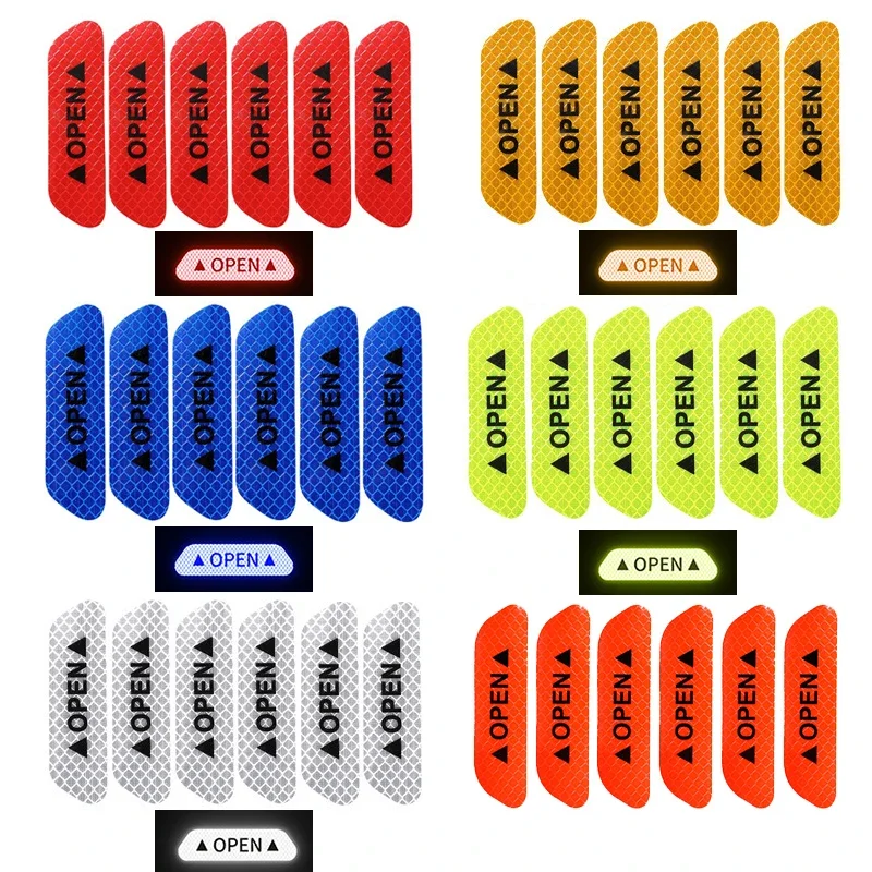 Pegatinas universales para puerta de coche, marca de advertencia de seguridad, cinta reflectante abierta, pegatina para casco de motocicleta y bicicleta, accesorios para coche, 6 uds.