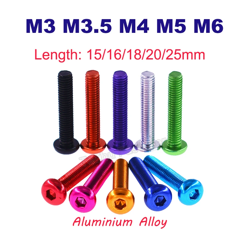 2pcs M3 M3.5 M4 M5 M6 Round Aluminium Button Head Hex Socket Cap Screws Allen Bolt Mechanical Screw Length 15mm~25mm Anodized