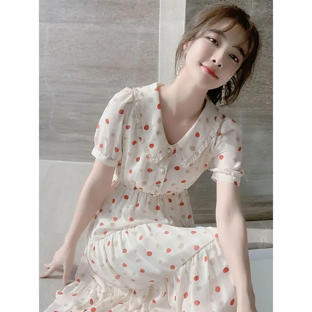 

French Retro Polka Dot Chiffon Dress for Women's Summer 2024 New Age Reducing Temperament Goddess Style Floral Dress