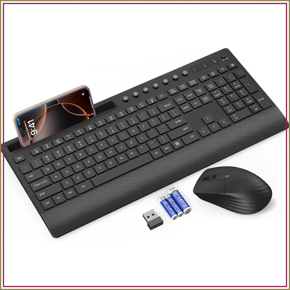Wireless Keyboard and Mouse Combo - Full-Size Quiet Typing with Palm Rest, Phone Holder, Multimedia Keys, Batteries Included, for Windows/Chrome OS