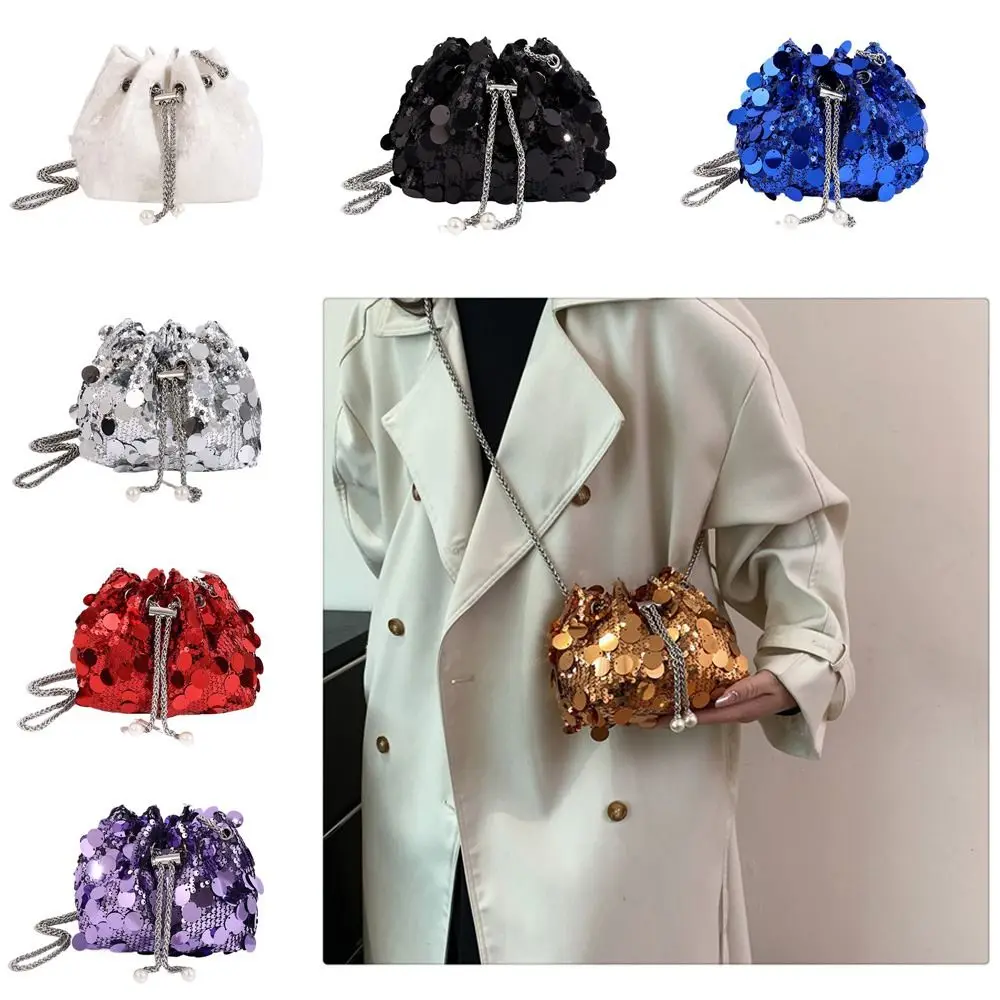 Shoulder Bag for Women Girls Sequin Drawstring Chain Handbag Crossbody Bag Bucket Bag Large Capacity Tote Dinner Bag