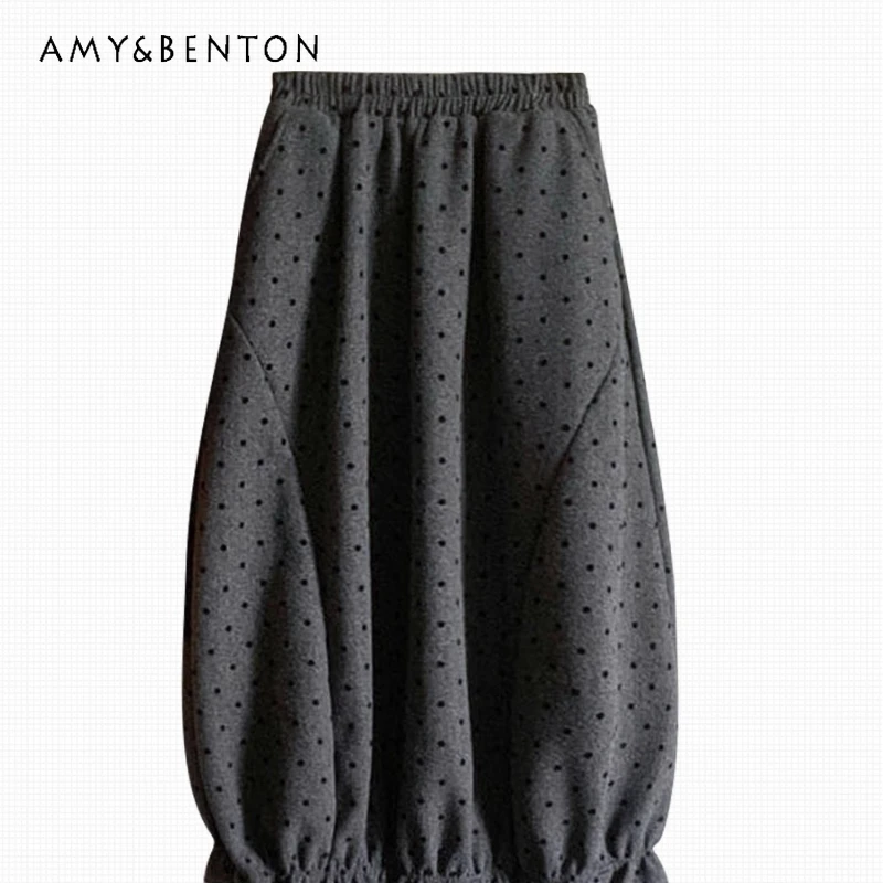 

Autumn Winter New Polka Dot Hem Ruffled Lantern Women's Skirt Korean Retro Design Slimming A-line Flower Bud Long Skirts Ladies