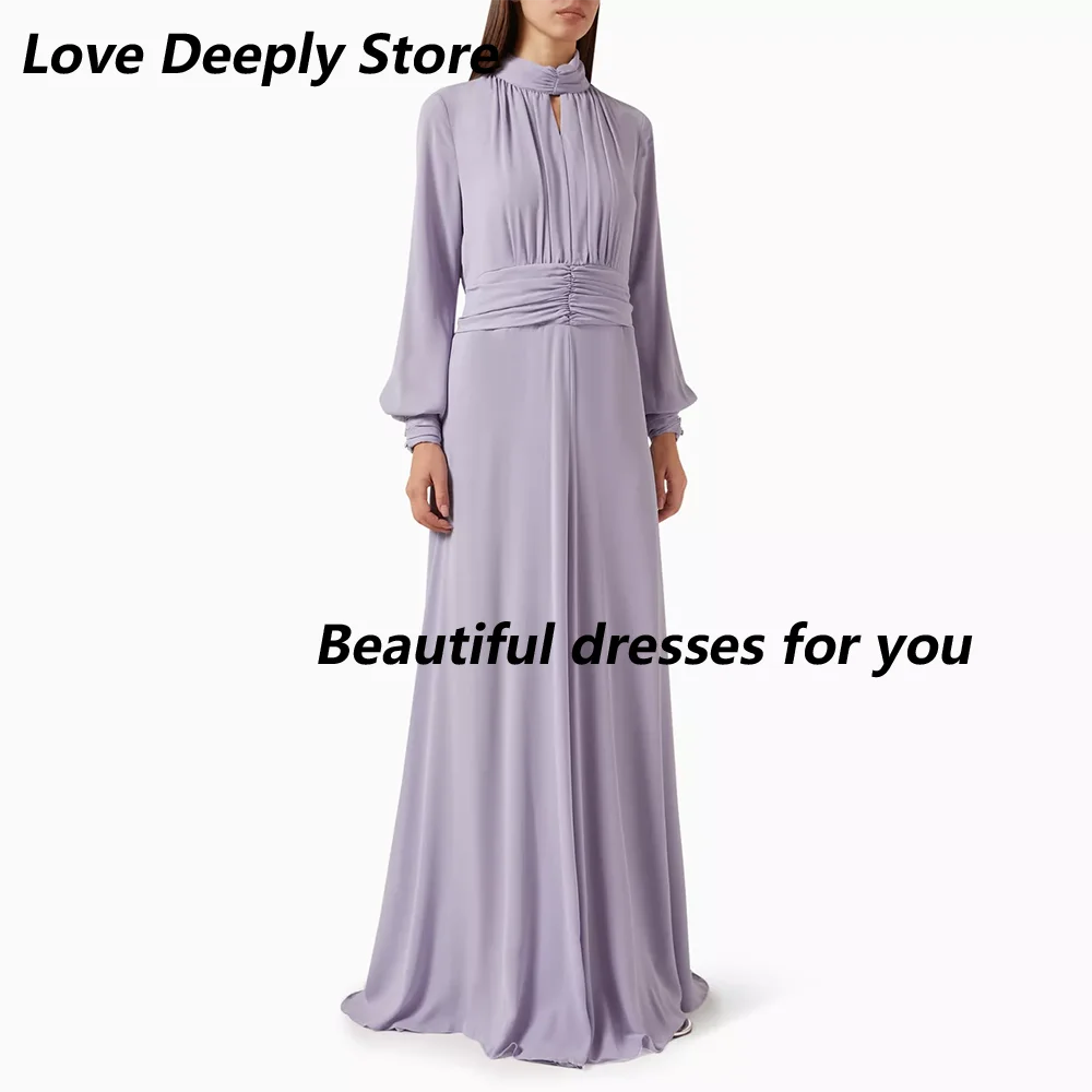 

Вечернее платье трапециевидной формы, сиреневое, с высоким воротом и длинными рукавами, элегантные вечерние платья для женщин, длиной до пола, вечерние платья по индивидуальному заказу