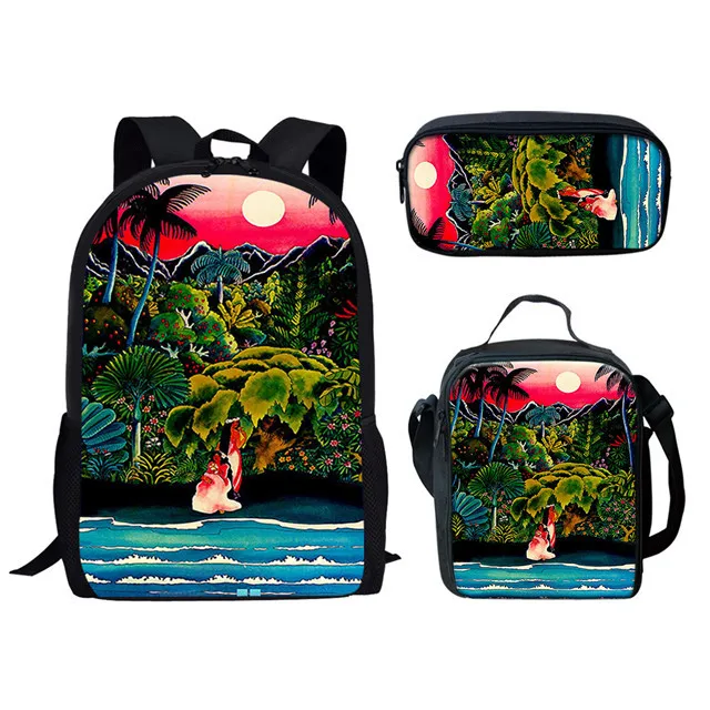 Tas punggung 3 buah/set pemandangan pulau Hawaii musim panas tas sekolah Gambar cetak lanskap tas buku siswa tas makan siang remaja kotak pensil