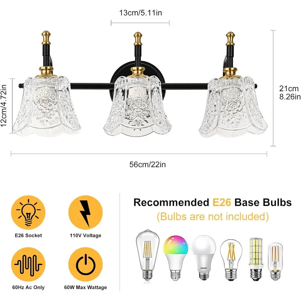 3 شمعدان حائط ذهبي مصقول مع غطاء زهرة زجاجي أبيض لإضاءة الحمام باللونين الأسود والذهبي #3