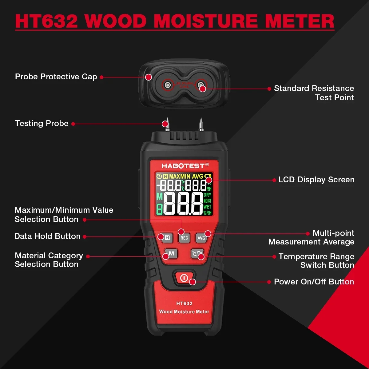 HABOTEST HT632 Digital Wood Moisture Meter Wall Water Tester Humidity Meter Two Pins Hygrometer Concrete Cement Brick Detector