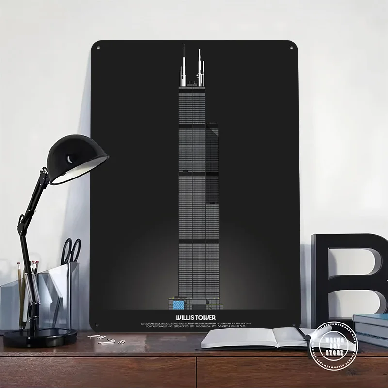 Willis Tower Architecture Printed Poster Customized Wall Art Retro Vintage Metal Tin Signs for Home Decoration Gaming Wand Deko