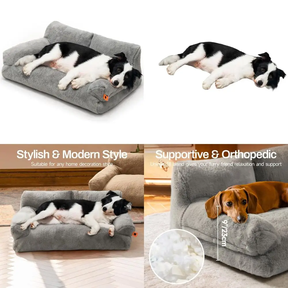 

Серая моющаяся лежанка для собак и кошек, пушистый диванчик с нескользящим основанием, 33.5Д x 25.6Ш x 11.5В