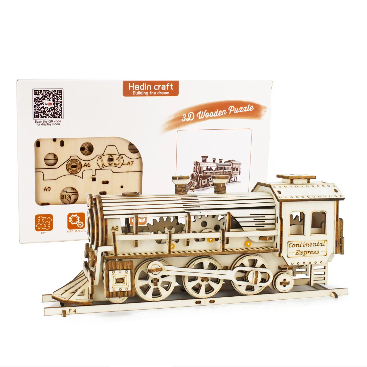 Express Steam Train Locomotive with Railway Self Assembling 3D Wooden Puzzle Scale Mechanical Model Toy for Adults and Kids