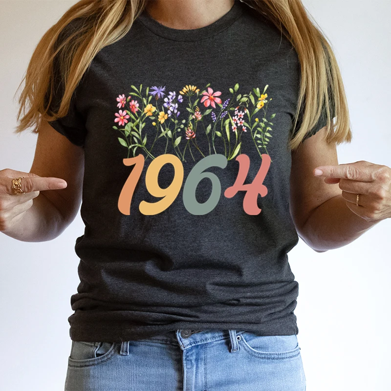 Vintage 1964 Creative Women T-shirts Harajuku Fashion Wild Flower Years Birthday Anniversary Tops Short Sleeve Round Neck Tshirt