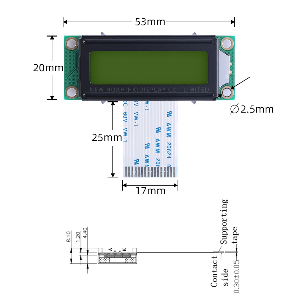 Persian Yellow Green Film 1602A-20-1A Character Dot Matrix Screen 02*16 Fpc25MM 53X20MM Multilingual Module Character LCD Module