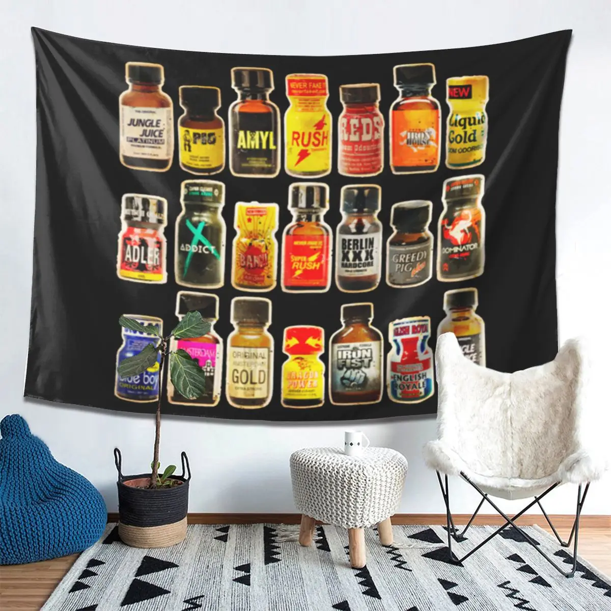 Poppers Bottles Gay Rush Jungle Juice Amyl Inhaler Tapestry Wall Hanging Aesthetic Home Decor Tapestries for Living Room Bedroom