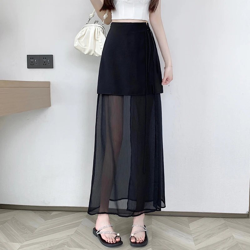 

Vintage High Waist Bandage Long Skirts Women's New Spring Summer Fashion Chiffon Patchwork A-line Midi Skirt Lady Elegant Skirt