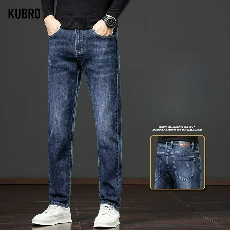 الرجال مستقيم فضفاض صالح جينز سترتش 2025 الخريف الشتاء النمط الكلاسيكي الأعمال عادية الشباب سميكة الدينيم الجينز تنوعا