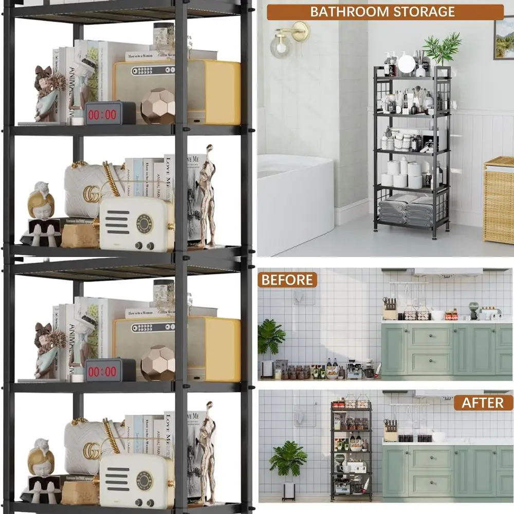 

Durable 5-Tier Metal Shelving with Wooden Boards, Adjustable Storage Rack for Kitchen, Bathroom, and Laundry, Rustproof Black